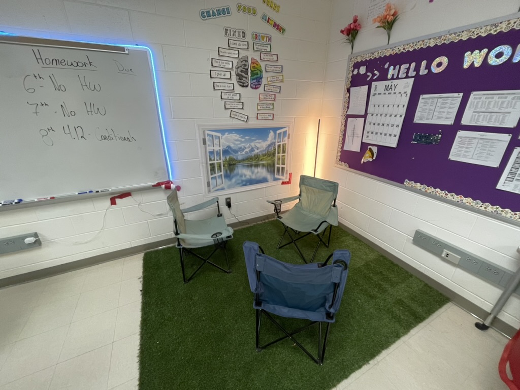Camping chairs on turf with the Hello World board